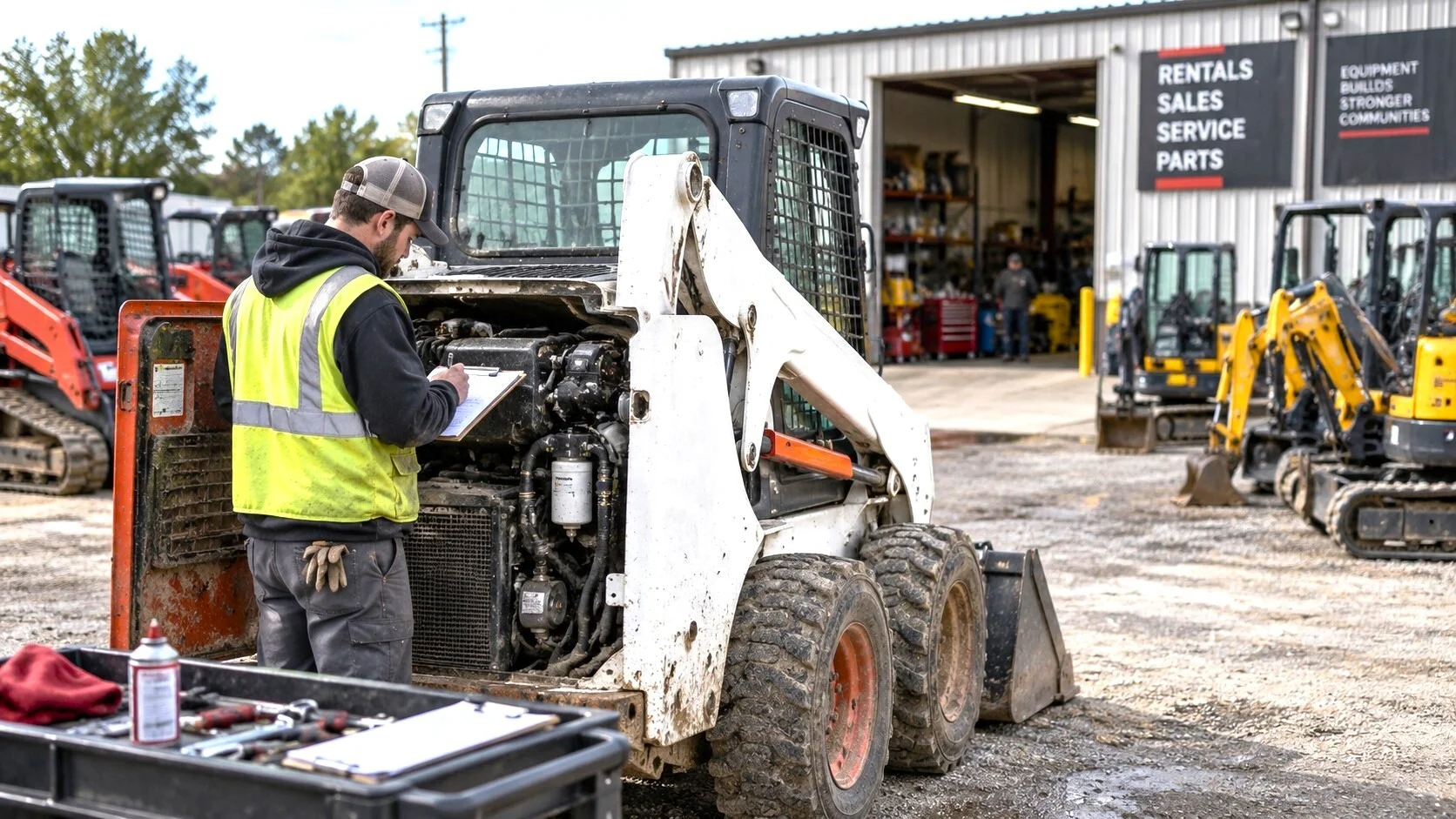 Rental equipment being inspected in an equipment rental yard