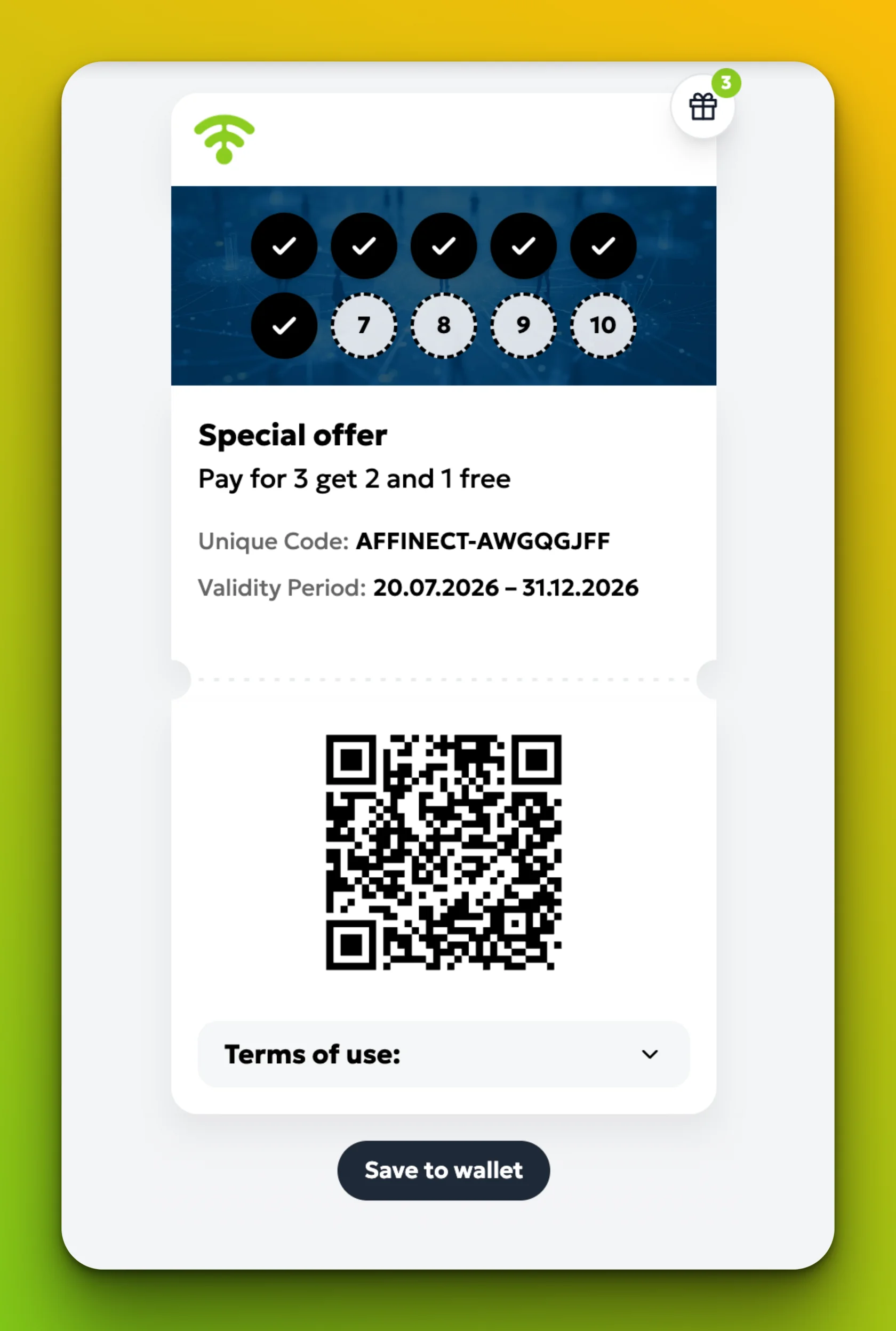 Customer loyalty card showing stamp progress and wallet options