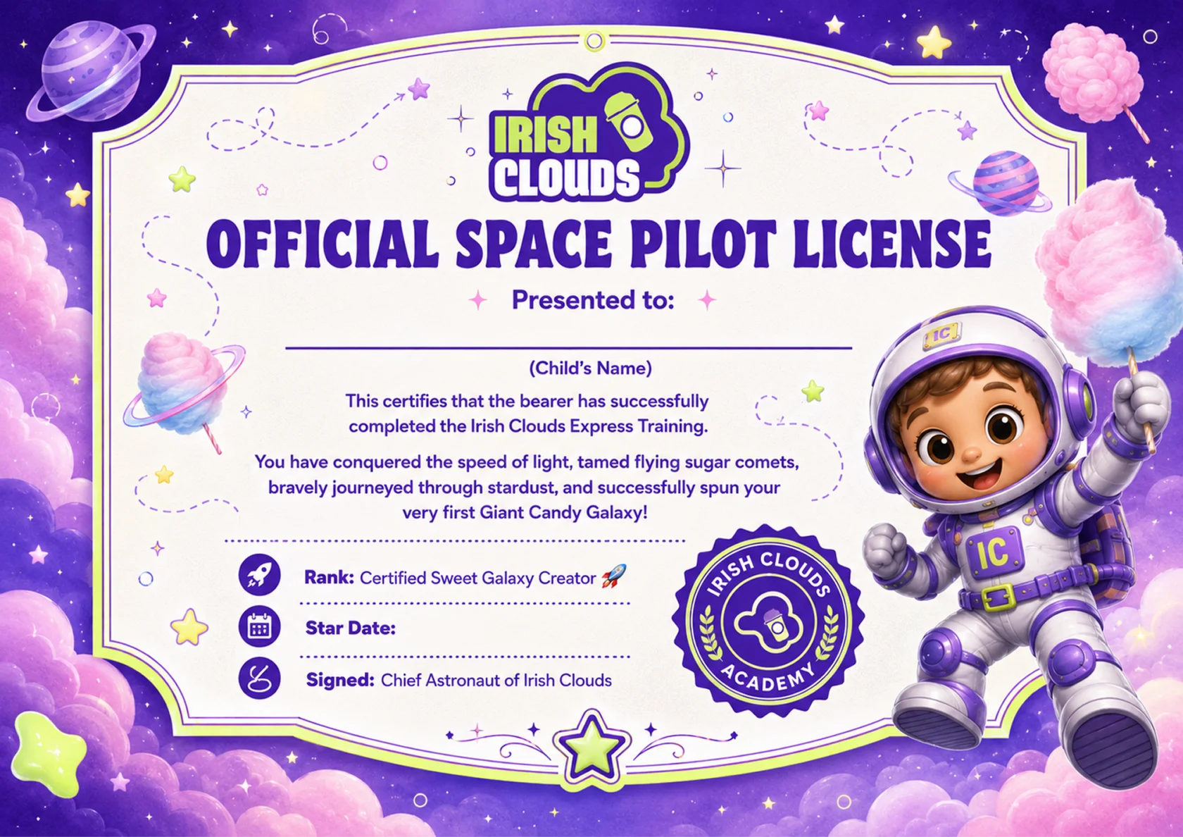 Irish Clouds personalised Candy Floss Master certificate