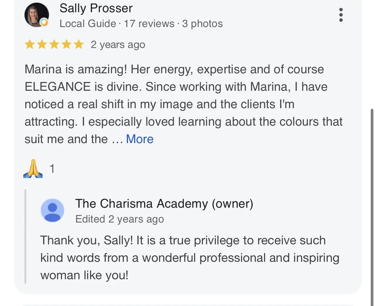 Google review from Sally Prosser about Marina Vradi