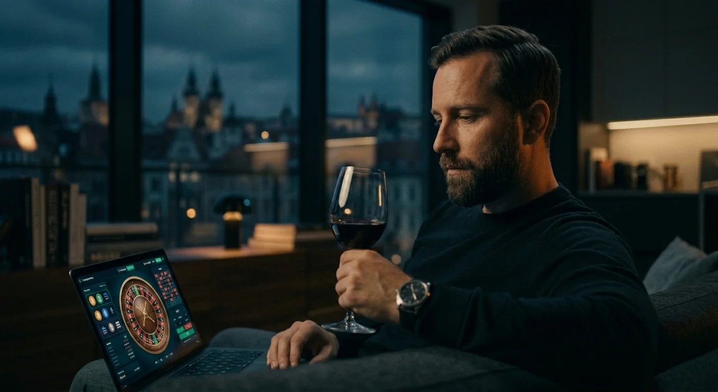 A relaxed man with a beard holding a glass of red wine