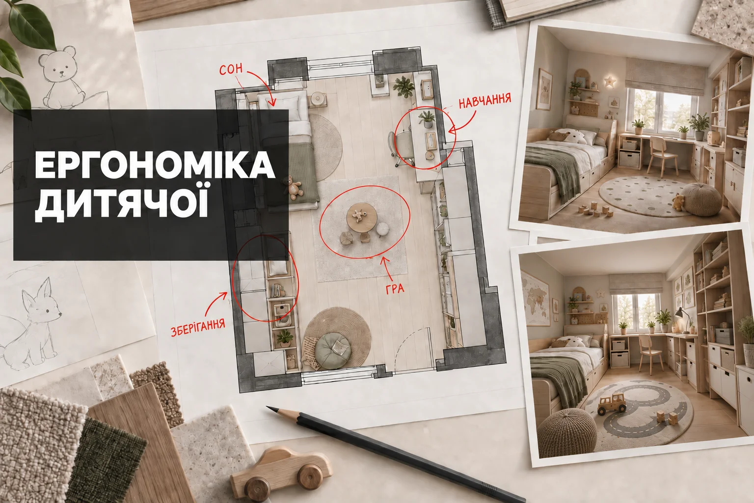 План дитячої кімнати із зонами сну, навчання, гри та зберігання