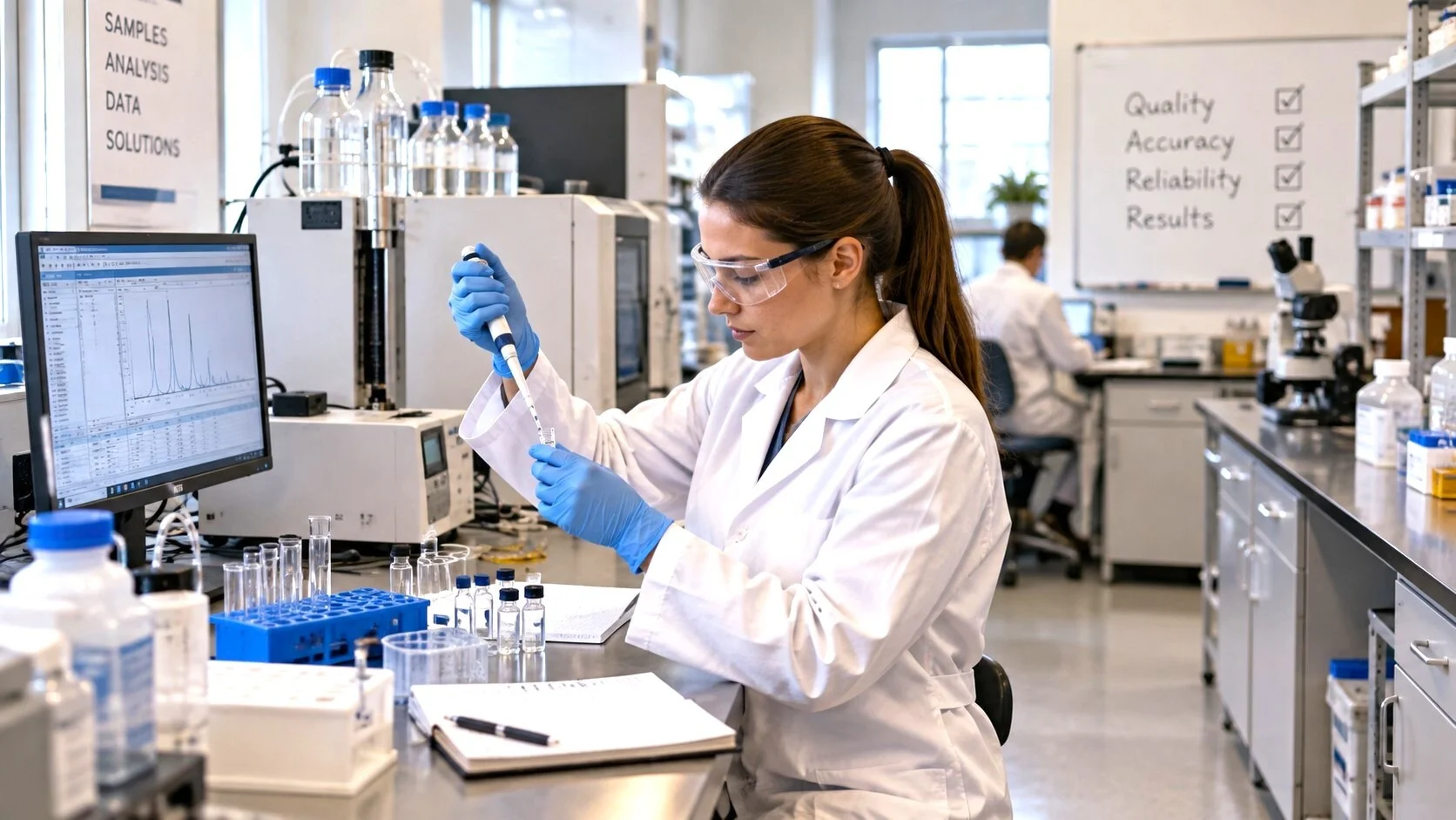 Technician working with samples and laboratory equipment in a practical commercial lab