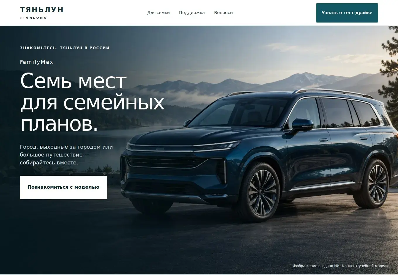 Изображение сайта FamilyMax: автомобиль у озера, предложение для семей и основные характеристики