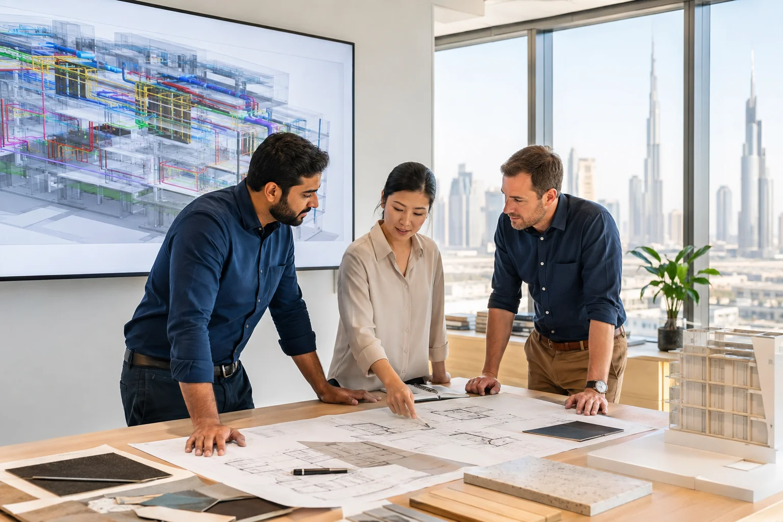 Engineering team coordinating BIM design and turnkey building systems in Dubai