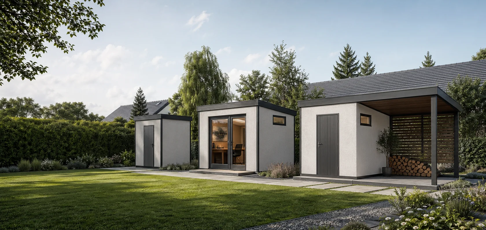 Hamone Studio moderný záhradný domček v upravenej záhrade