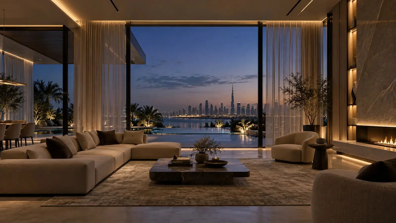 Illustrative interior with integrated architectural lighting and shading