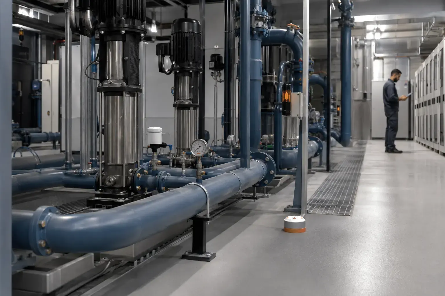 Water pumps and monitoring sensors in a building plant room