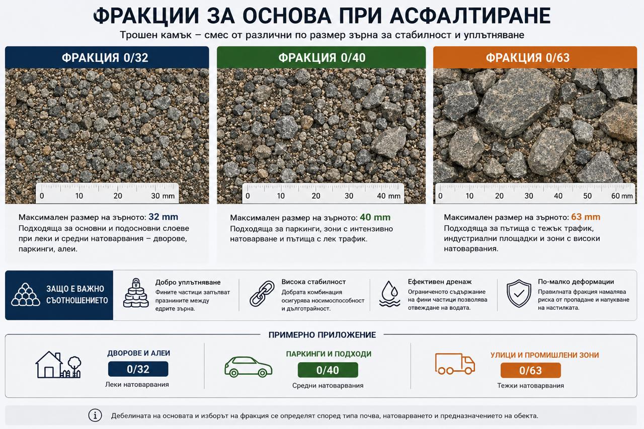 Визуално сравнение на фракции 0/32, 0/40 и 0/63 за основа при асфалтиране
