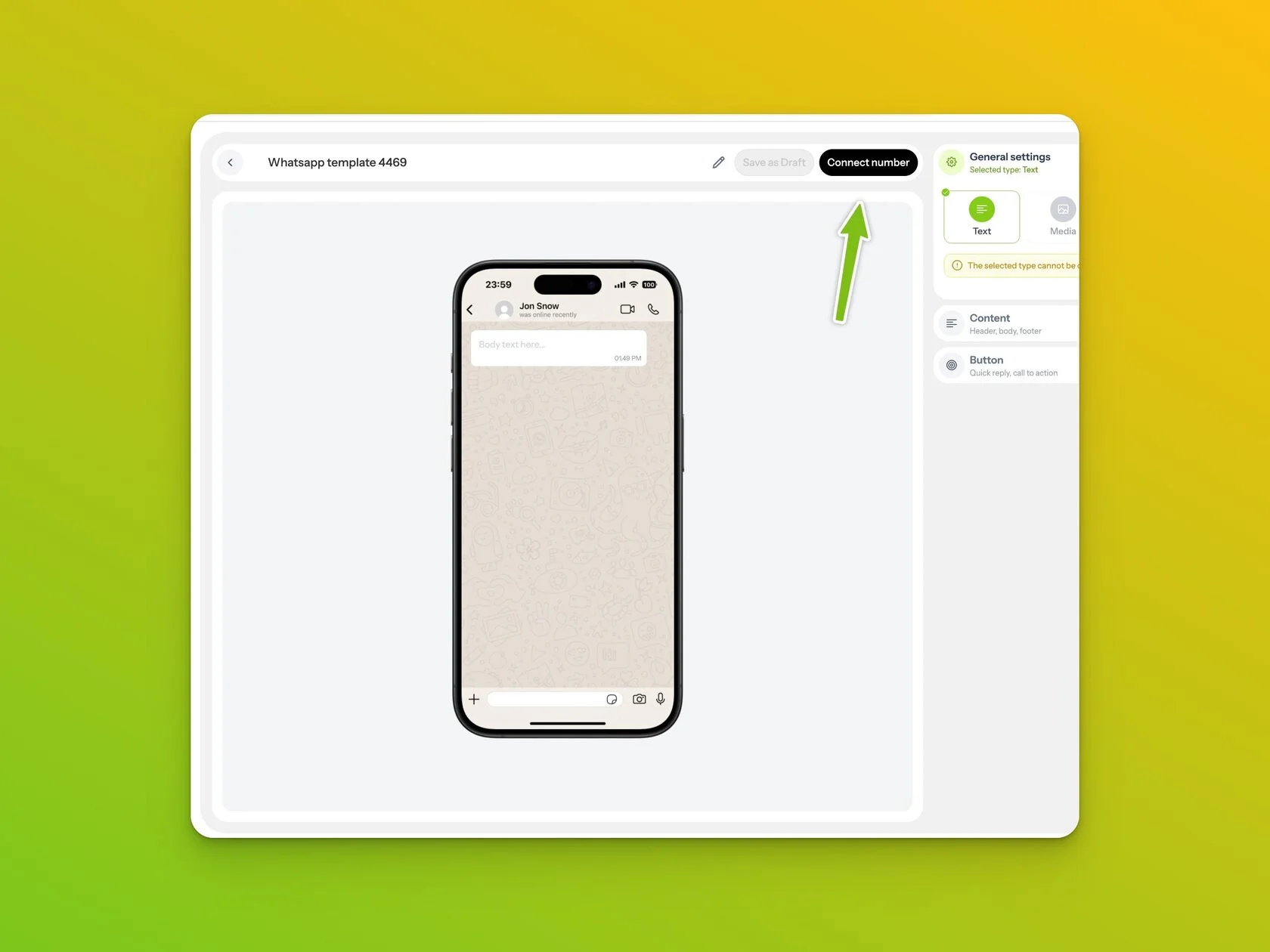 WhatsApp template editor in Affinect with the Connect number action in the header