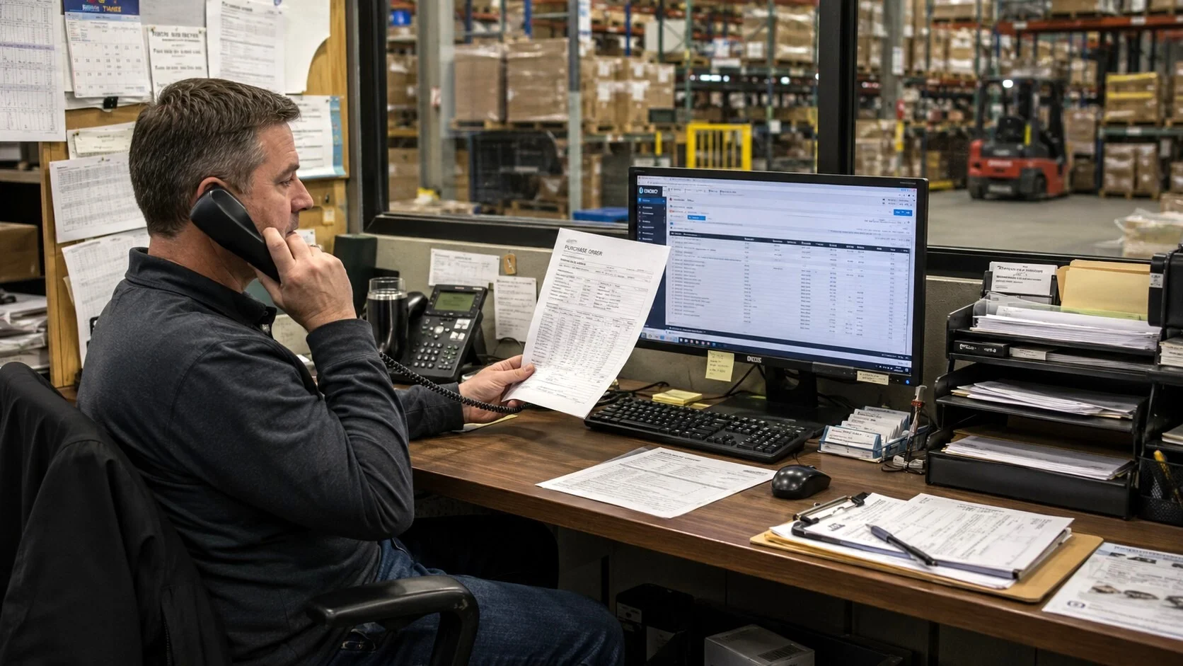 Warehouse office employee reviewing a purchase order while handling an order issue